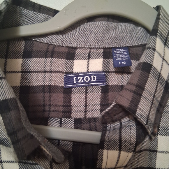 IZOD Mens Gray & White Plaid Long Sleeve Button-Down Flannel Shirt Size Large - Picture 6 of 14